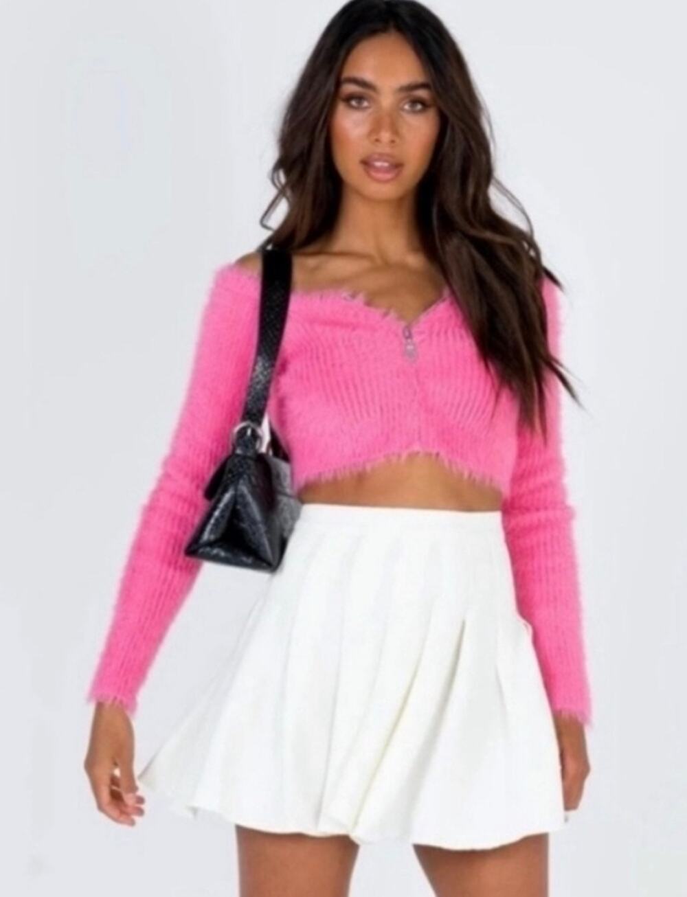 The Ragged Priest Pink Fuzzy Off Shoulder Crop Cardigan Sweater Small 90s